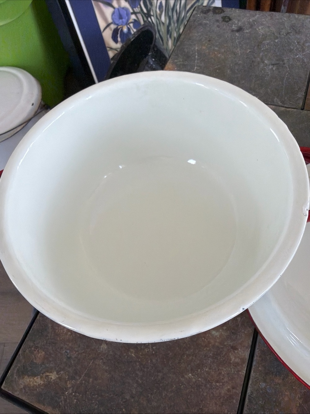 Vintage Cherry Enamel Casserole Dish with Lid - plus double boiler, plate & cup - Picture 3 of 12